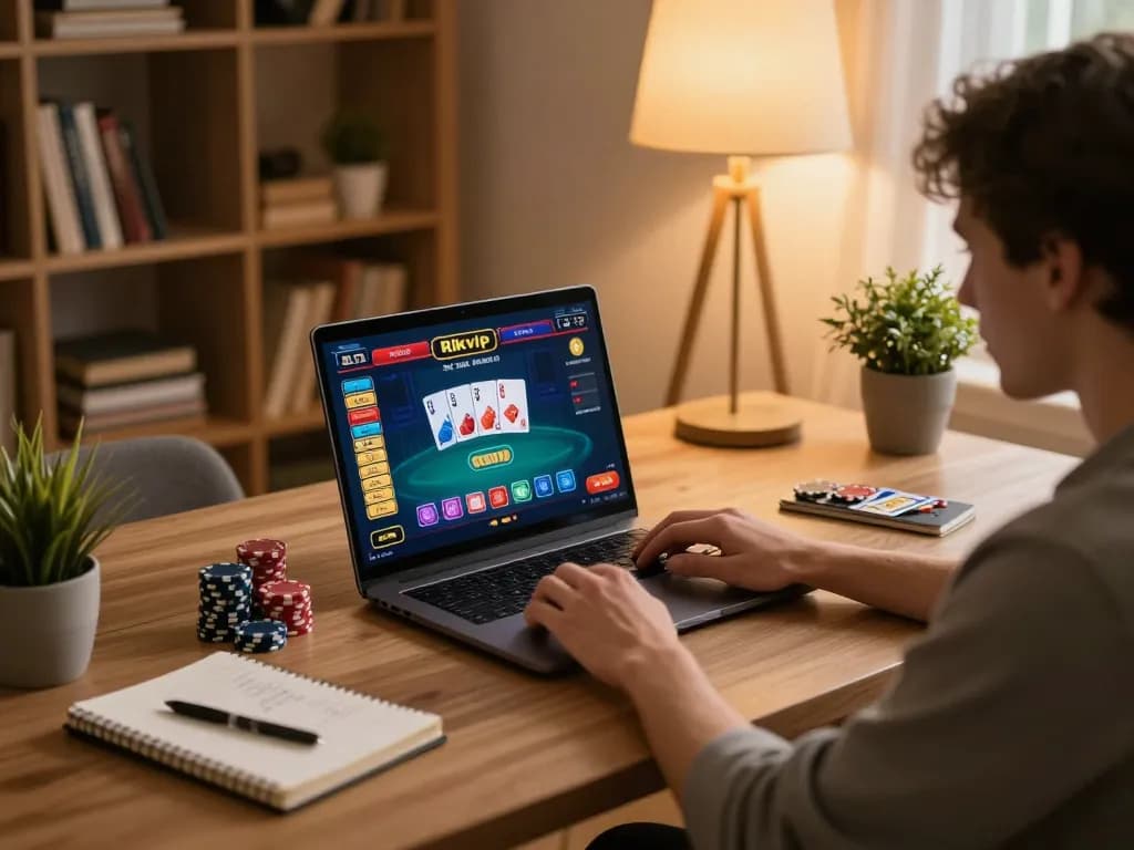 Engaged player enjoying online rikvip gaming experience with laptop and strategy notes.