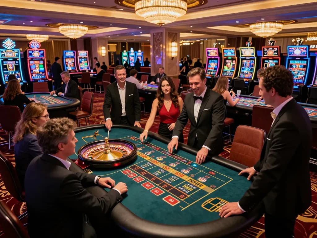 Players engaging in roulette at a vibrant casino, capturing the excitement of FC88 gambling experiences