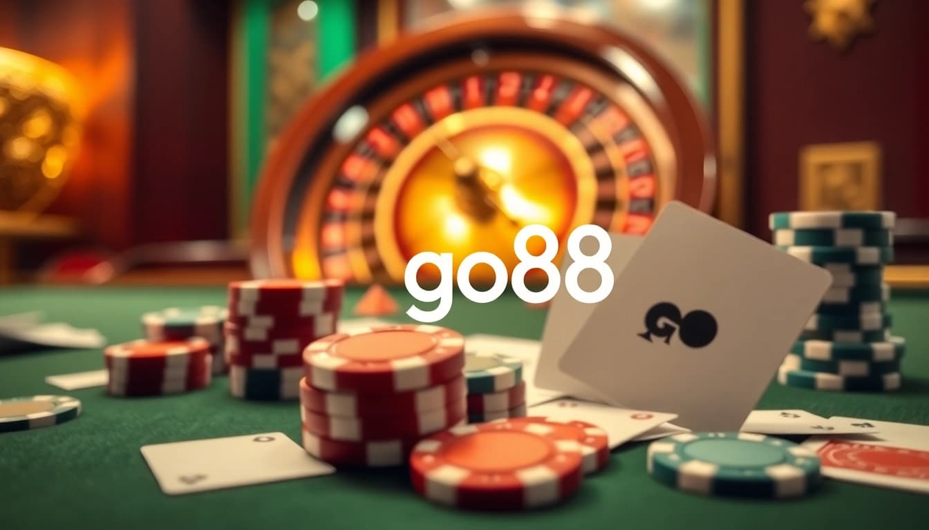 Experience the thrill of go88 at a lavish casino with poker chips and a roulette wheel.