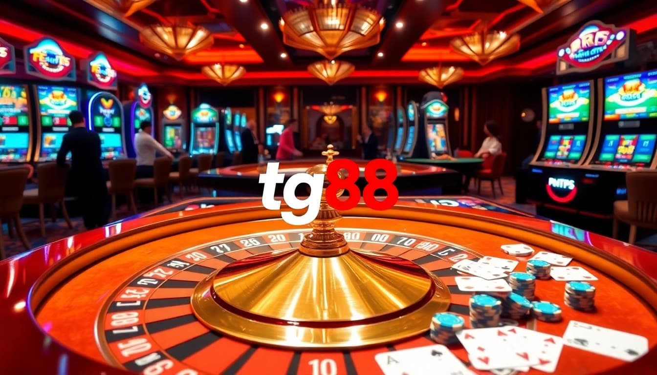 Experience the excitement of tg88 at an elegant casino with vibrant slot machines and roulette.