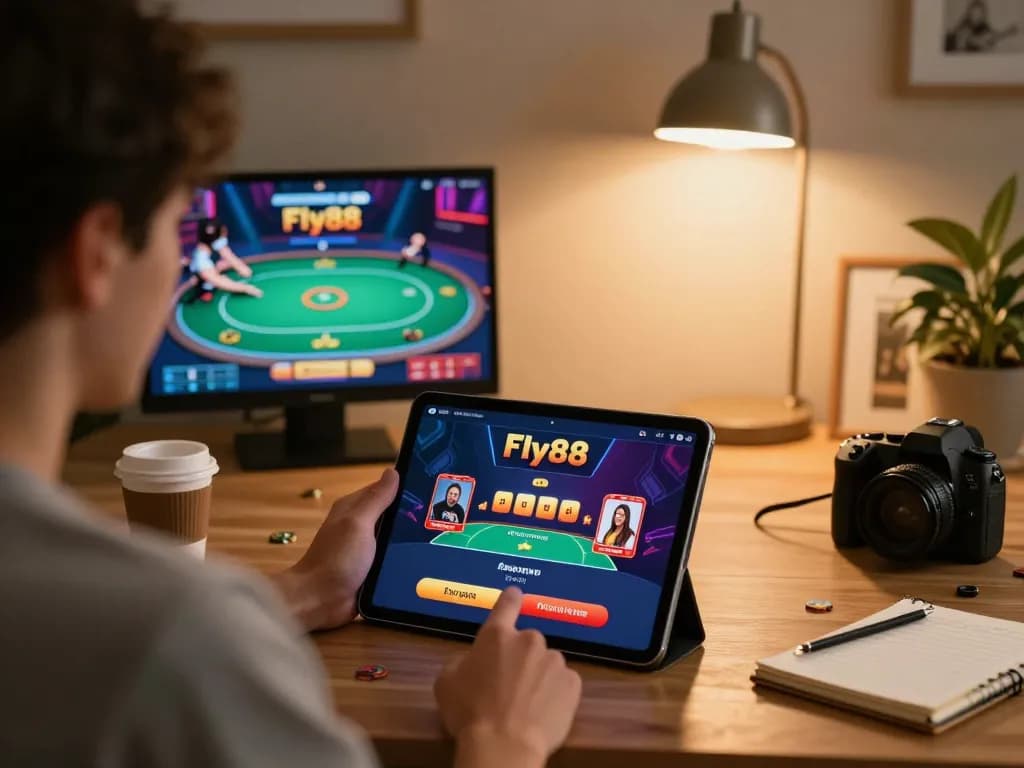 Player engaging with Fly88 đăng ký on tablet in a cozy home setup, reflecting responsible gaming.