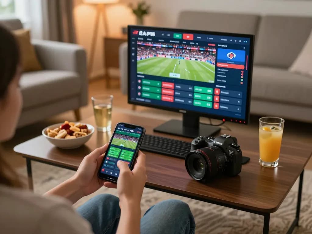 Placing bets with kèo nhà cái displayed on a smartphone in a cozy living room setup