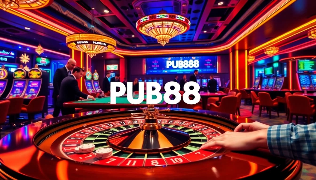 PUB88 casino scene showcasing excitement with players at a roulette table and vibrant slot machines.