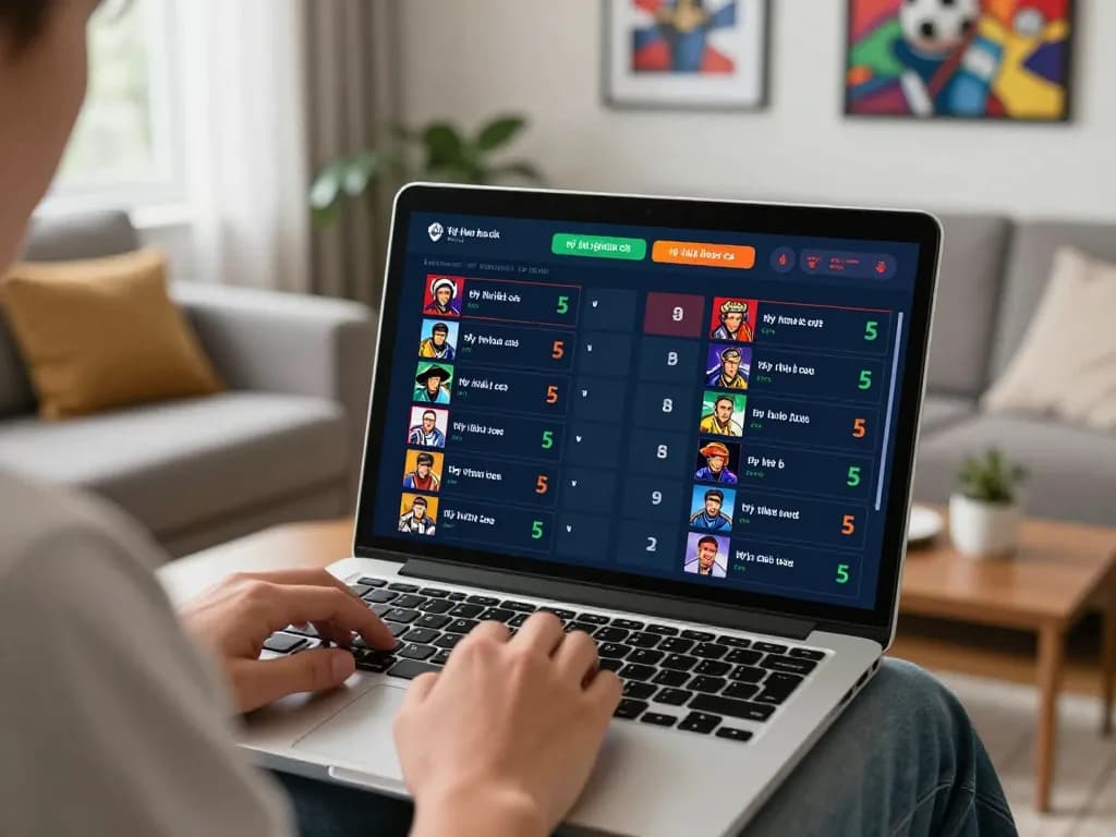 Using laptop to analyze tỷ lệ kèo nhà cái 5 for strategic sports betting at home.