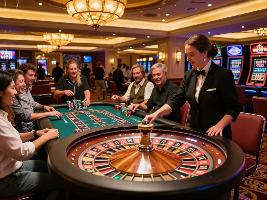 gbong players placing bets at a roulette table in a lively casino environment