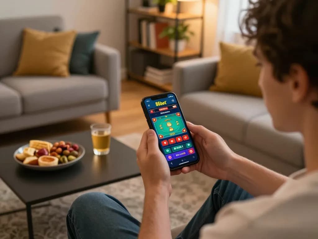 Player engaging with 86bet mobile app, enjoying strategic online gaming from home.