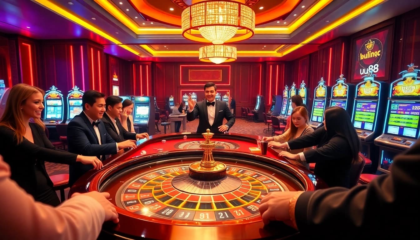 Experience an exciting gaming atmosphere at uu88 with vibrant roulette tables and lively players.