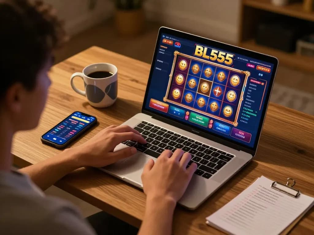 Engaging online gaming scene with a player using BL555 casino app on laptop and smartphone.
