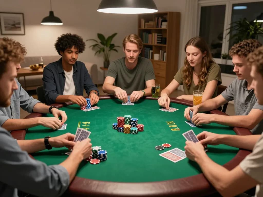 F168 players enjoying an exciting poker game at home, showcasing strategy and fun.