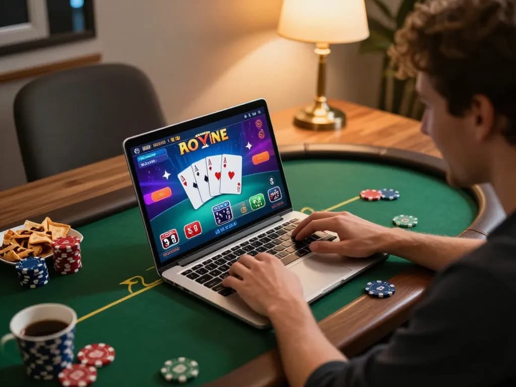 Engaged player exploring online casino at home on llwin’s platform, vibrant poker interface displayed.