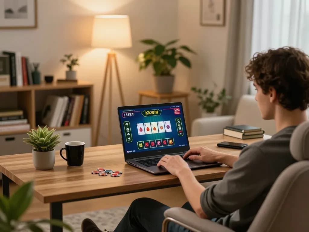 Kkwin player engaging with live dealer game on laptop in cozy home setup, showcasing strategic gaming.