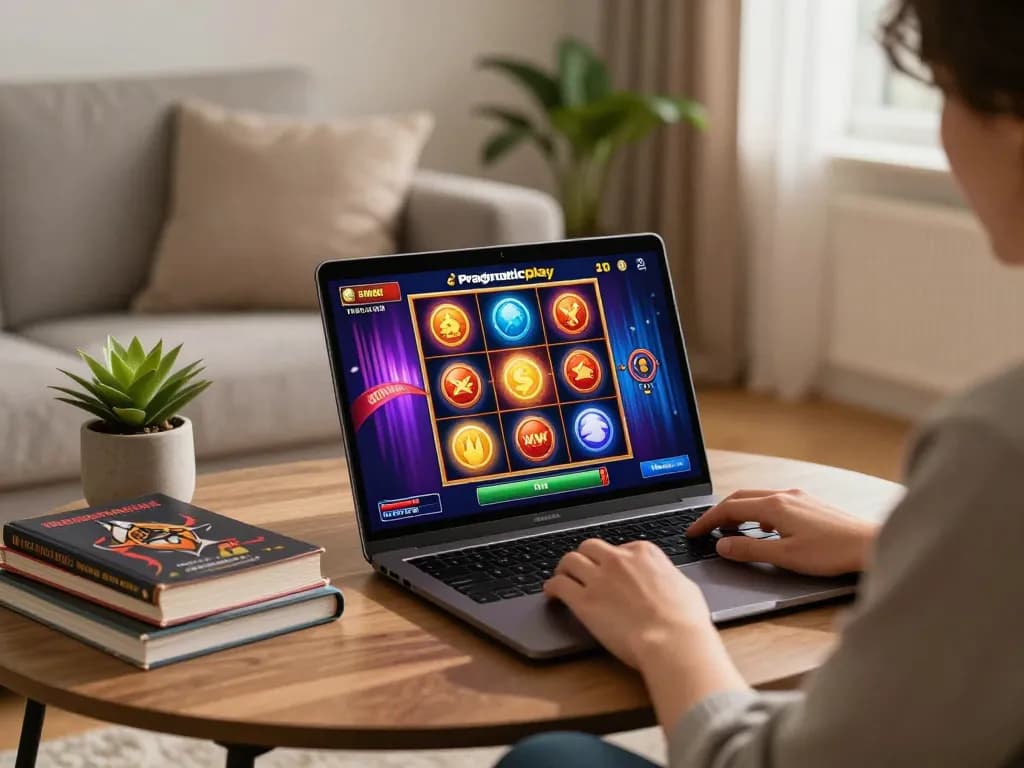 Engaging in Pragmaticplay online slots gaming on a laptop in a cozy living room environment.