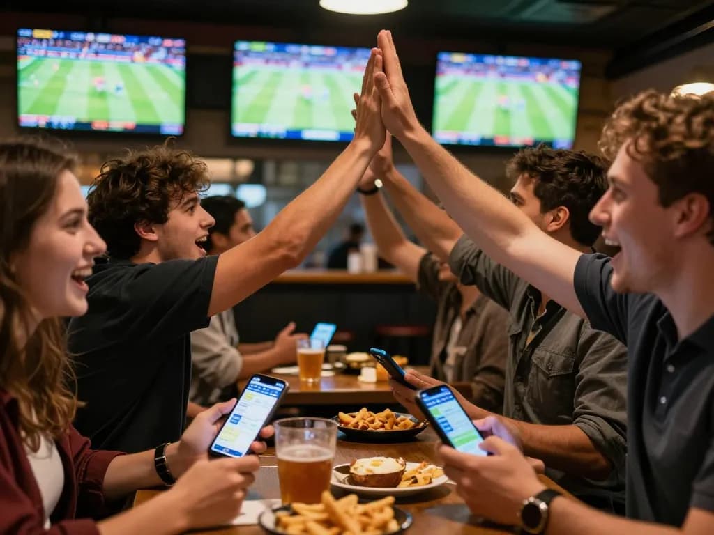 xx88 betting enthusiasts celebrating wins in a vibrant sports bar atmosphere