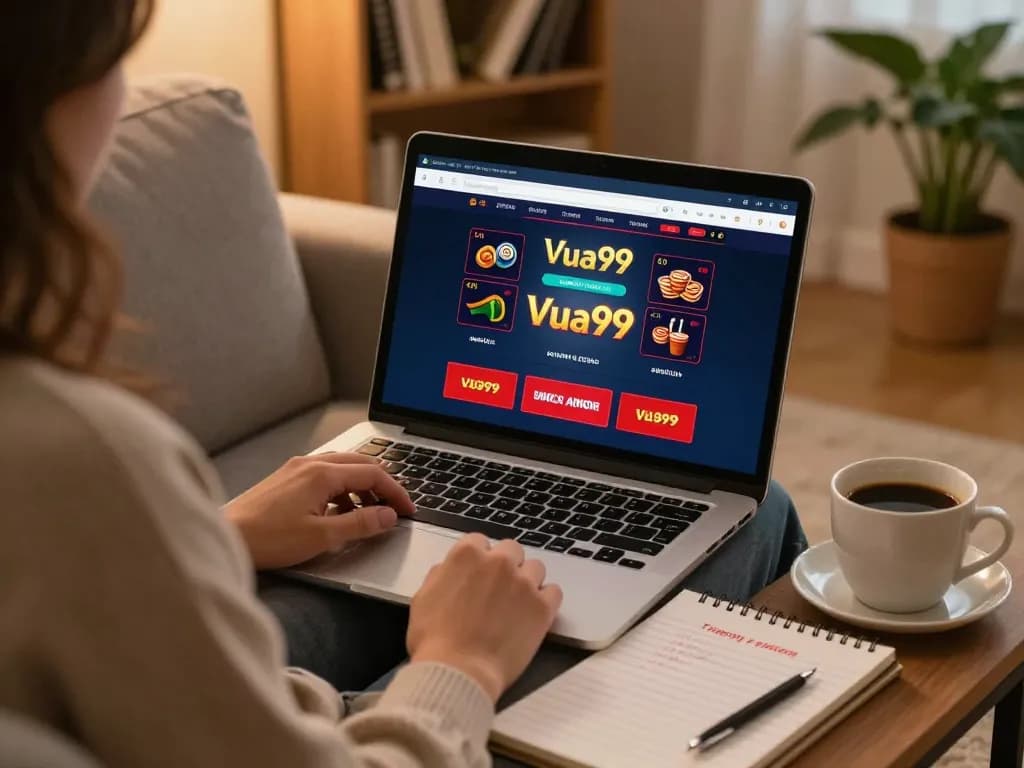 Engaged player enjoying Vua99 online casino gaming with strategic notes in cozy home.