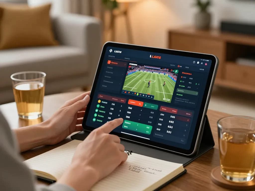 Kqbd betting enthusiast analyzing live odds on a tablet in a cozy home environment.