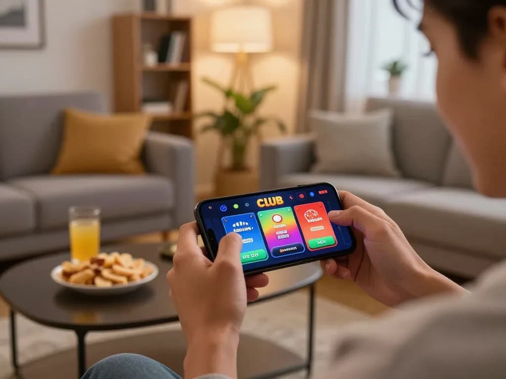 Engaged user playing on the hitclub mobile app in a cozy home gaming environment, showcasing the thrill of online gambling.