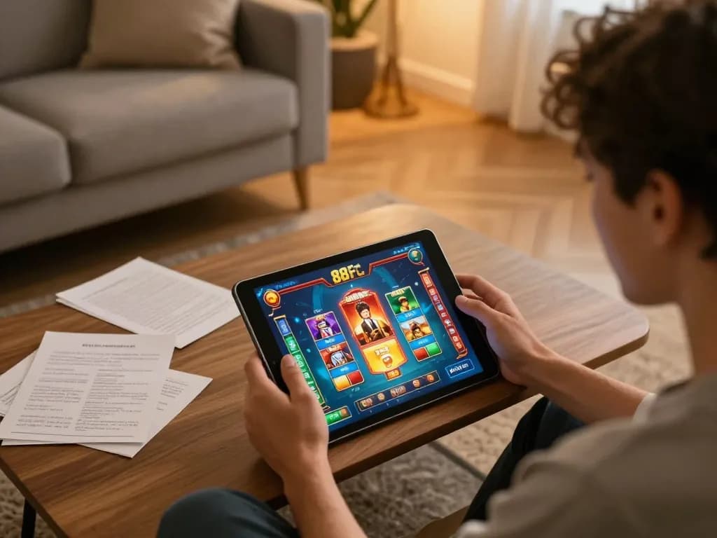 Player engaging with 88FC casino games on a tablet in a cozy home setting