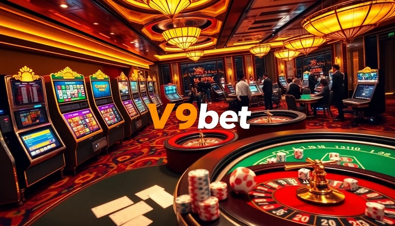 Experience thrilling gaming with V9bet in a vibrant casino scene featuring poker tables and slot machines.