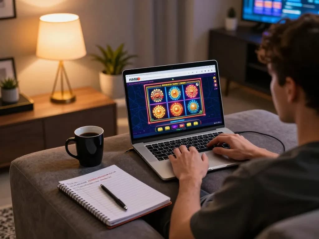 hb88 player enjoying online casino slots at home in a cozy setting