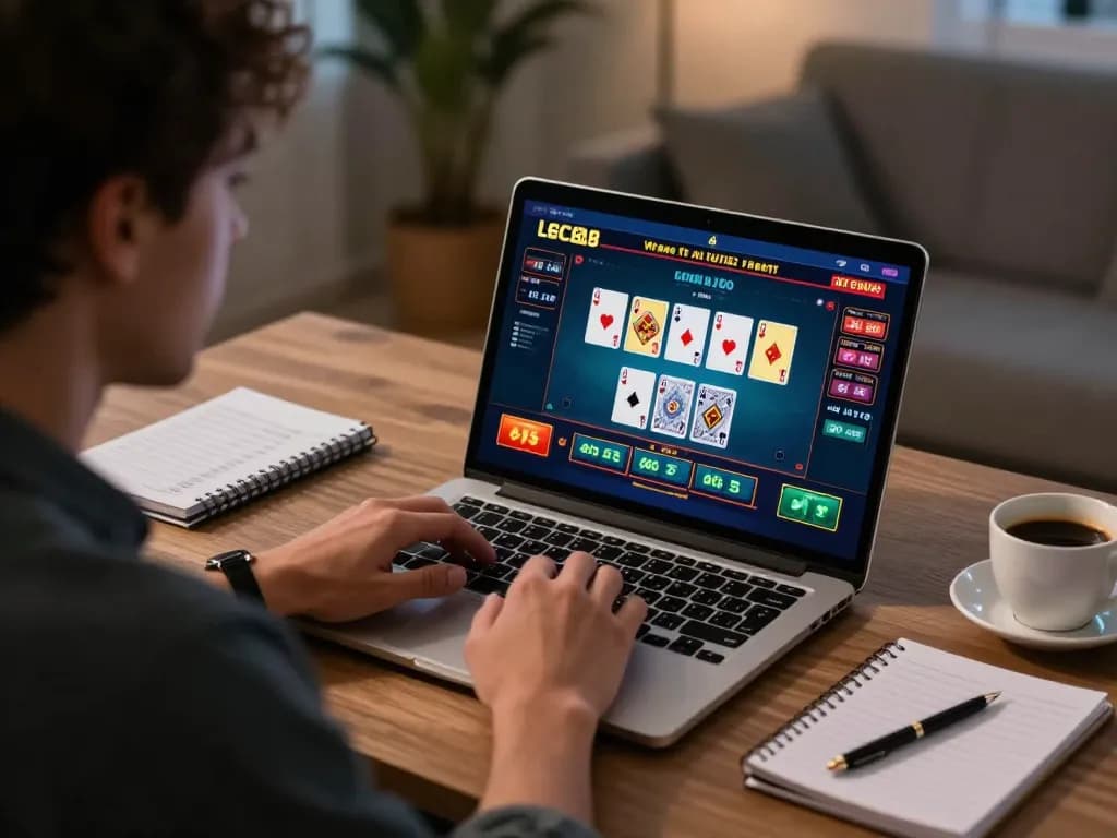 Player enjoying a live casino game at LC88, focusing on strategic betting in a cozy home office.