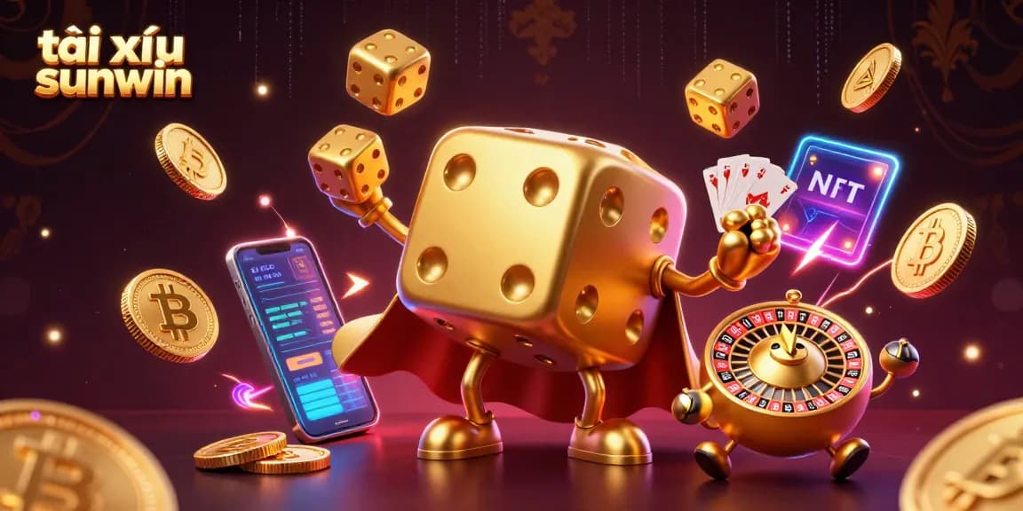 Tài xỉu sunwin comes alive with a golden dice golem juggling as digital coins illuminate a vibrant casino scene.