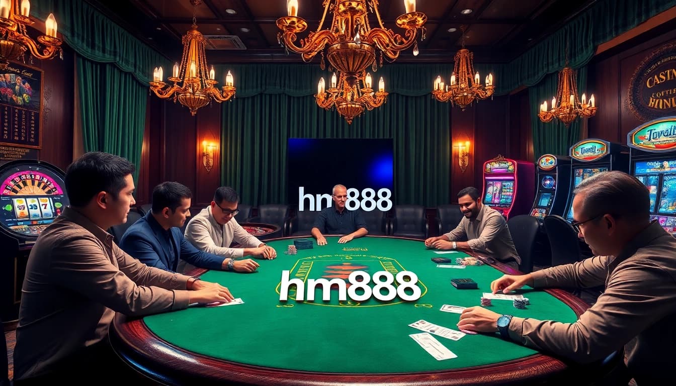 Experience the thrill of gambling with hm88 at a luxurious poker table in an upscale casino setting.