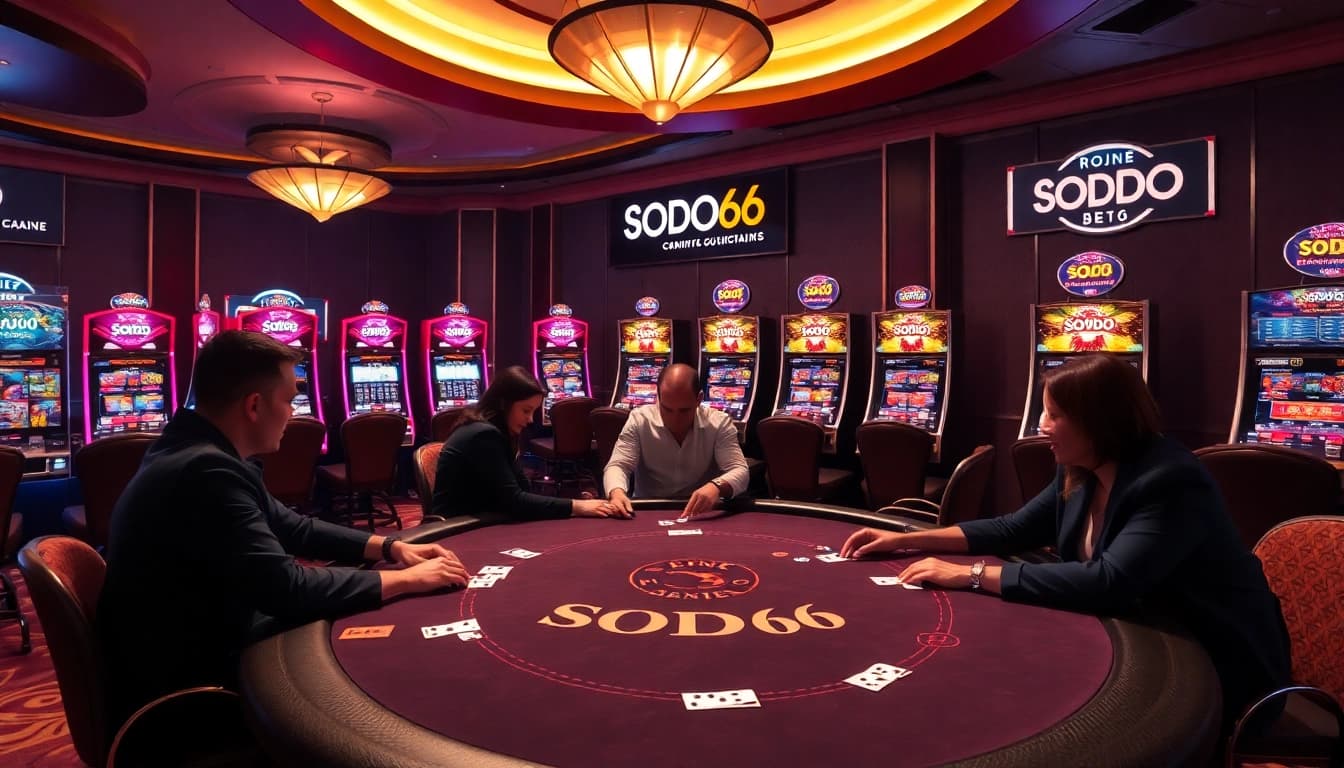 SODO66 players enjoy an exhilarating poker game at a luxurious casino table surrounded by slot machines.