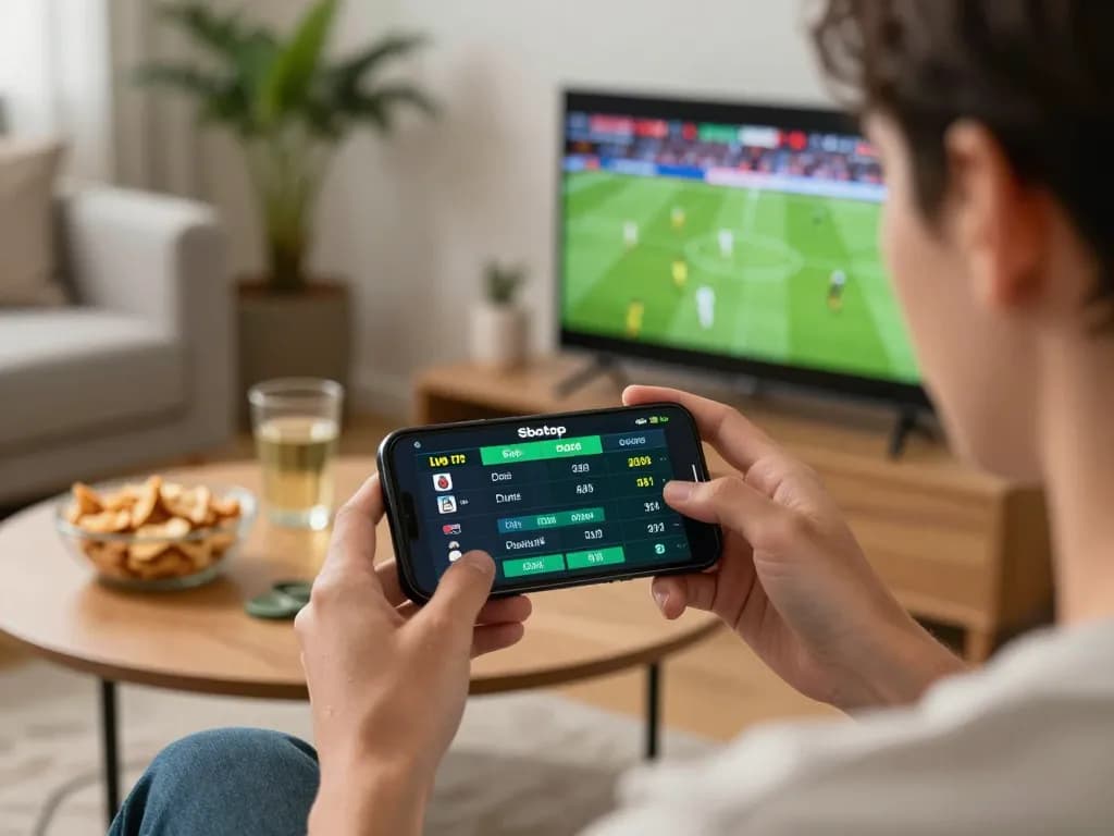 Sbotop user placing live sports bets on a smartphone while watching a football match at home.