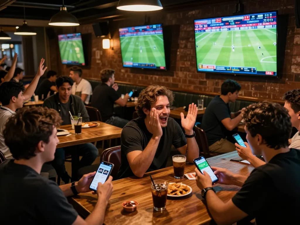 KQBD sports betting enthusiasts celebrating live updates while engaged with their betting apps.