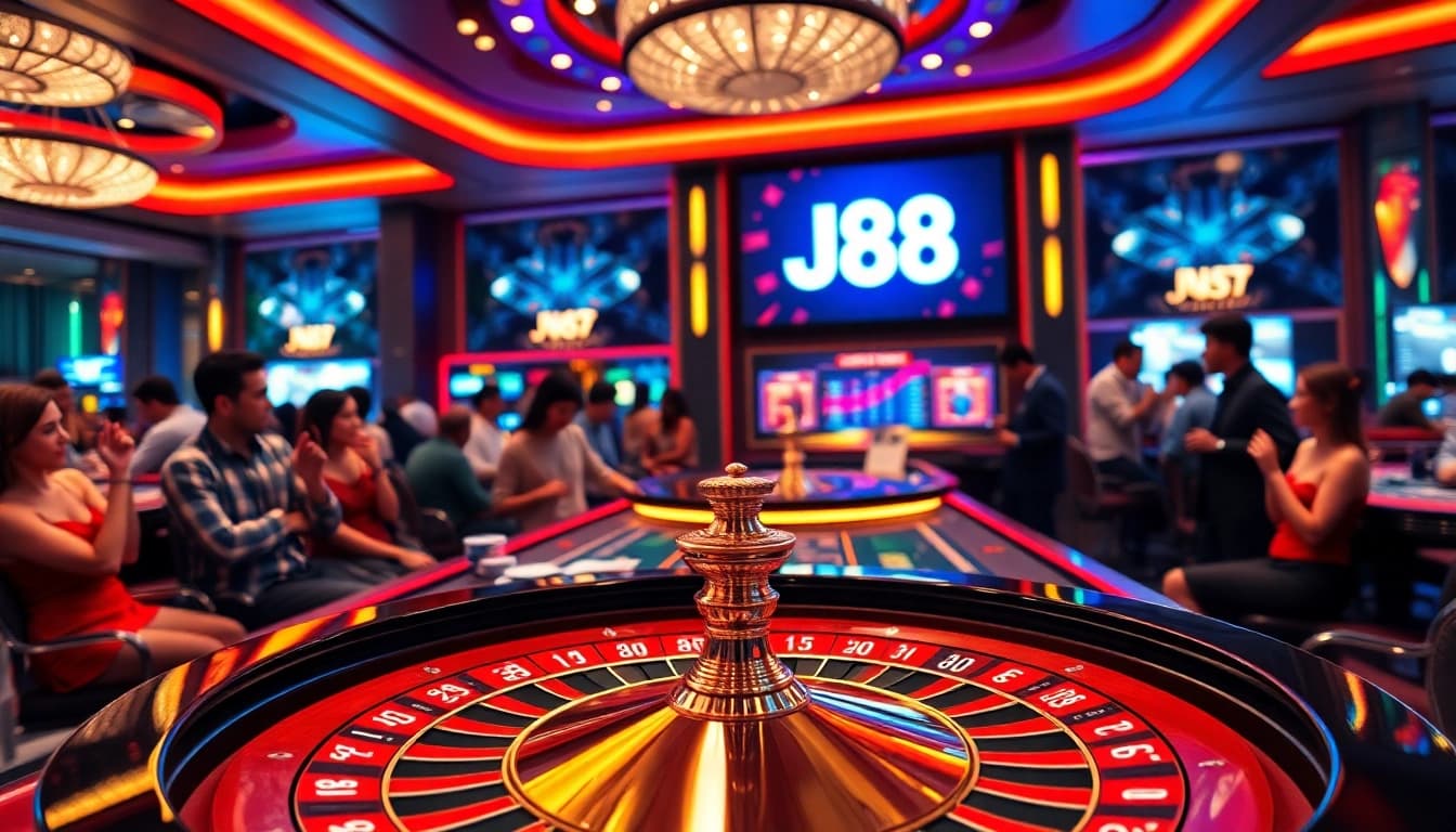 Players at a J88 casino table enjoying an exciting gambling experience with poker chips.