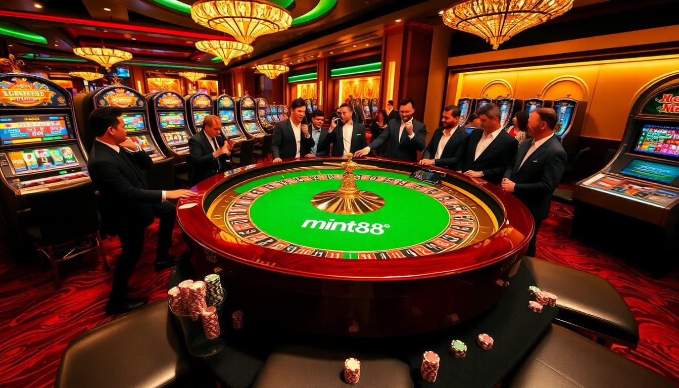 Enthusiastic players engage in a thrilling casino scene featuring mint88 roulette, slots, and vibrant poker chips.