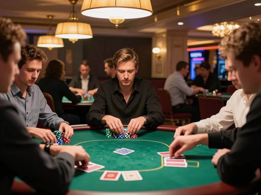 Engaging poker game at DEBET casino with players focused on cards and colorful chips.
