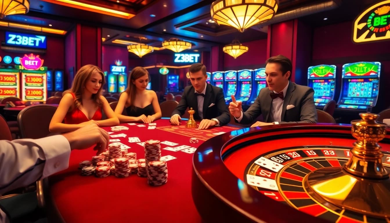 ZBET poker players at an elegant table with chips and cards, capturing the essence of high-stakes gambling.