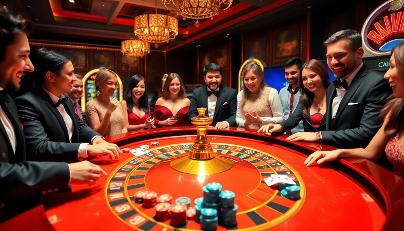 Experience the thrill at https://e2bet-games.org with players enjoying a vibrant roulette game in a luxurious casino setting.