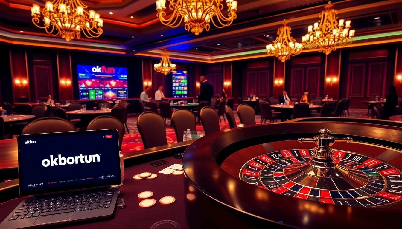 Experience thrilling online gambling with okfun at a luxurious casino table with vibrant roulette and poker action.