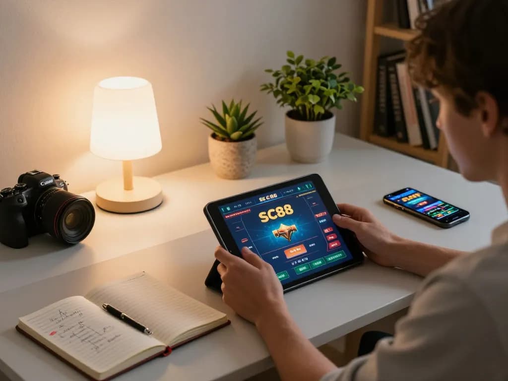 Engaging gameplay experience on SC88 platform with user utilizing tablet for online betting.