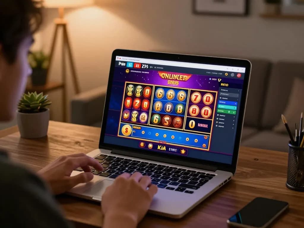 Vu88 player engaged in online slots gaming from home, showcasing interactive experience