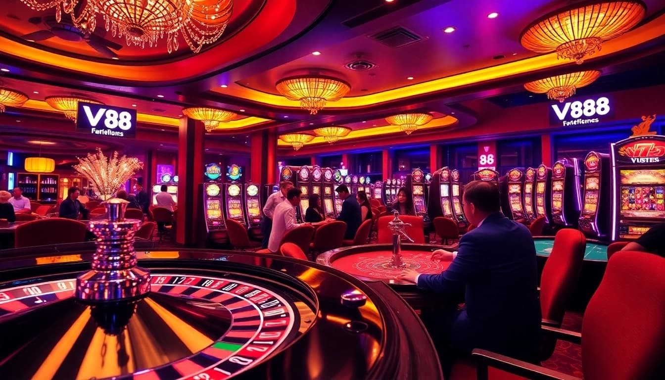 Experience the excitement of V 88 with vibrant casino tables and lively gamblers placing bets.