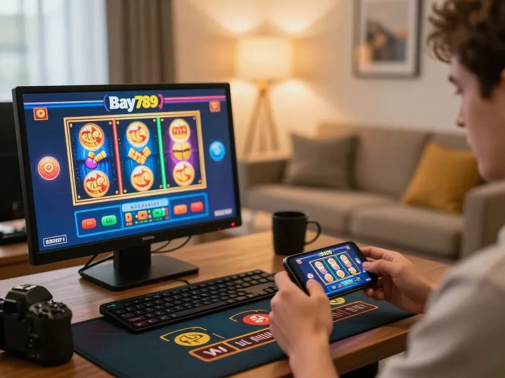 Player exploring Bay789 casino app on smartphone, showcasing vibrant online gaming experience