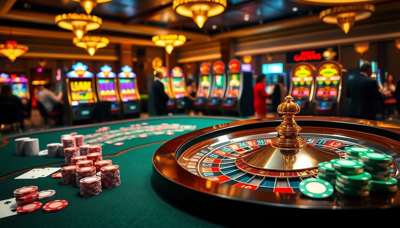 Exciting gaming scene at QQ88 casino with vibrant poker chips and roulette wheel