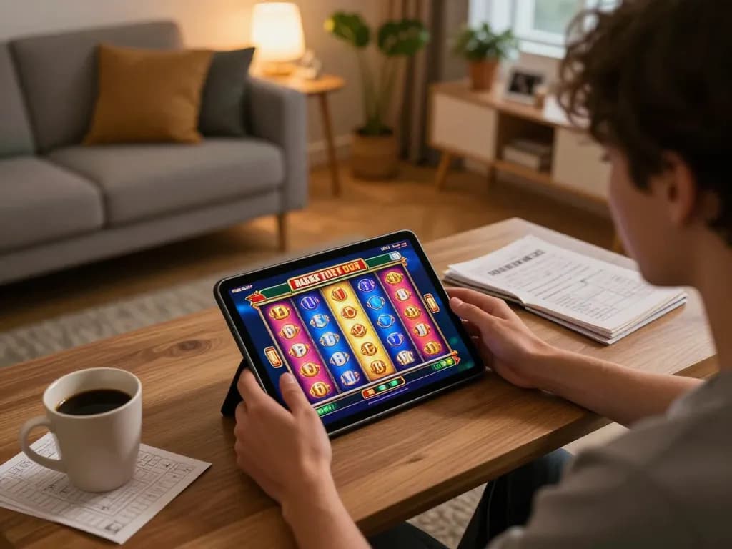 Engaging in online slots gaming at home, showcasing the excitement and strategy of vu88's platform