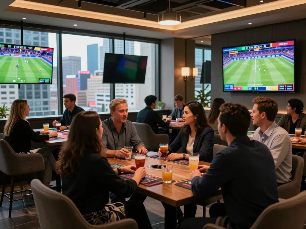 Engaged bettors enjoying sports betting at lc88 in a stylish lounge.