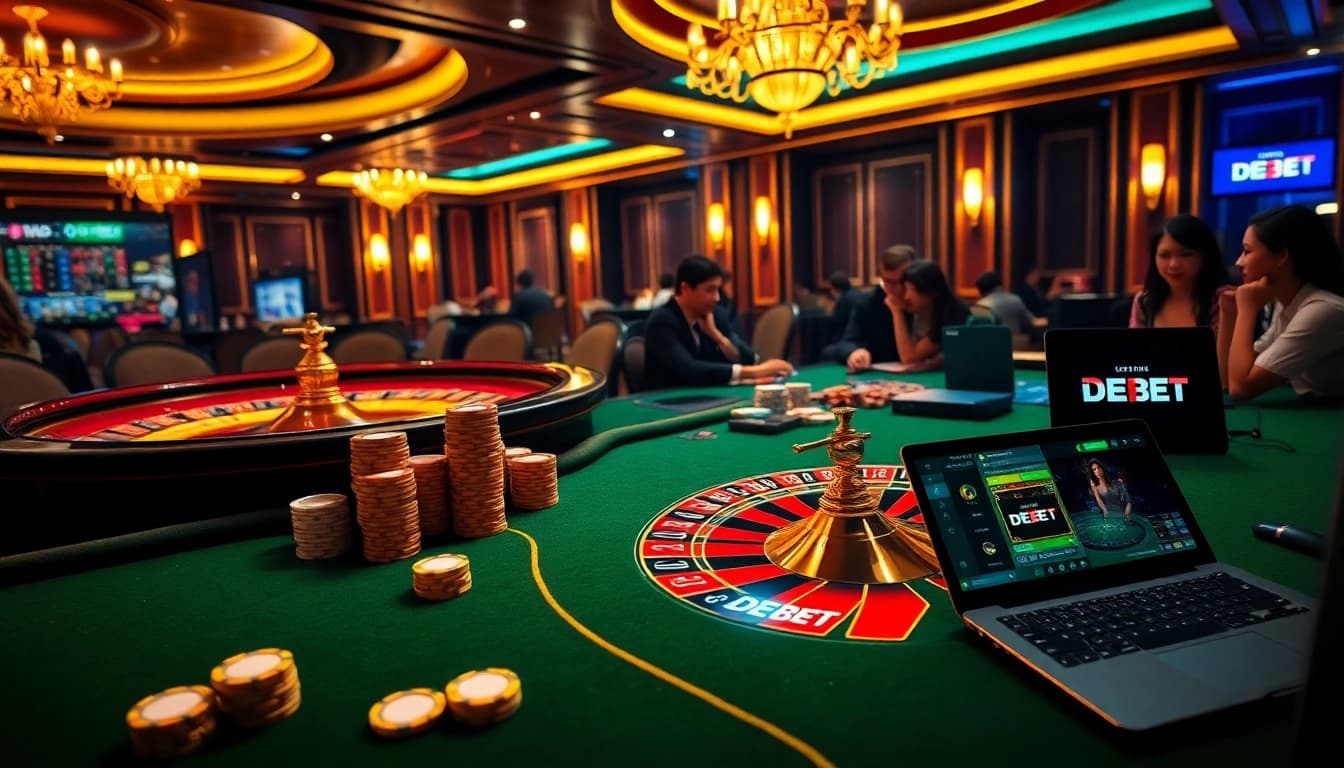 Immerse in the vibrant DEBET casino atmosphere with poker chips and roulette wheel spark excitement.