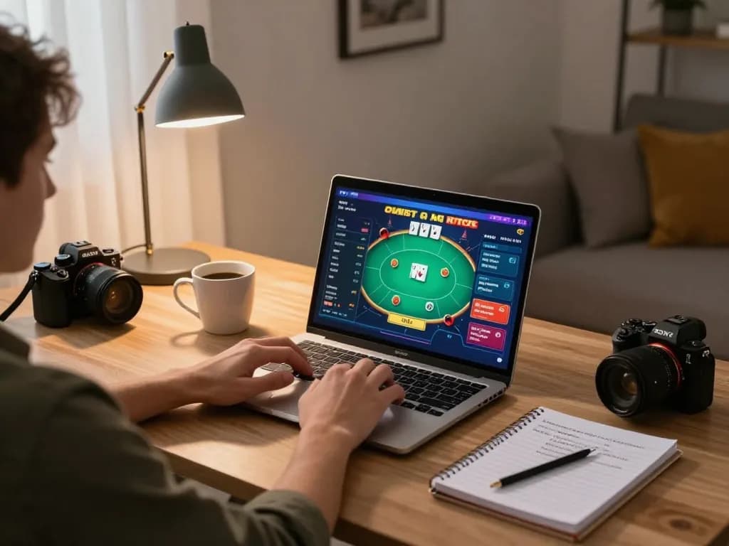 Player engaged with Nk88 online casino game on a laptop, highlighting interactive poker interface.