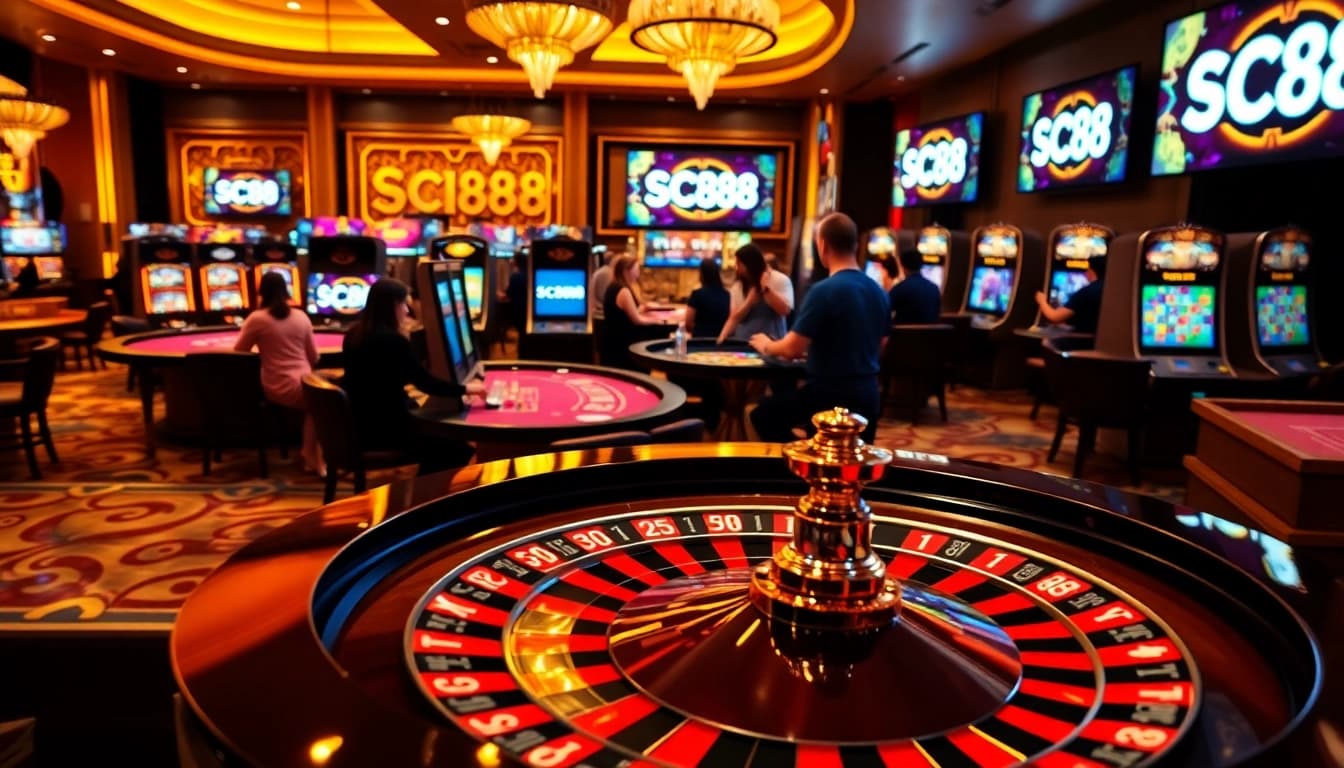 Engage with thrilling games on SC88.today, featuring vibrant casino tables and slot machines.