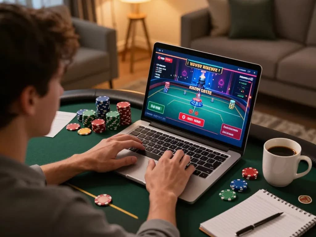 Engaging online poker session with a player focusing on onbet gameplay, showcasing strategy notes and comfortable home atmosphere.