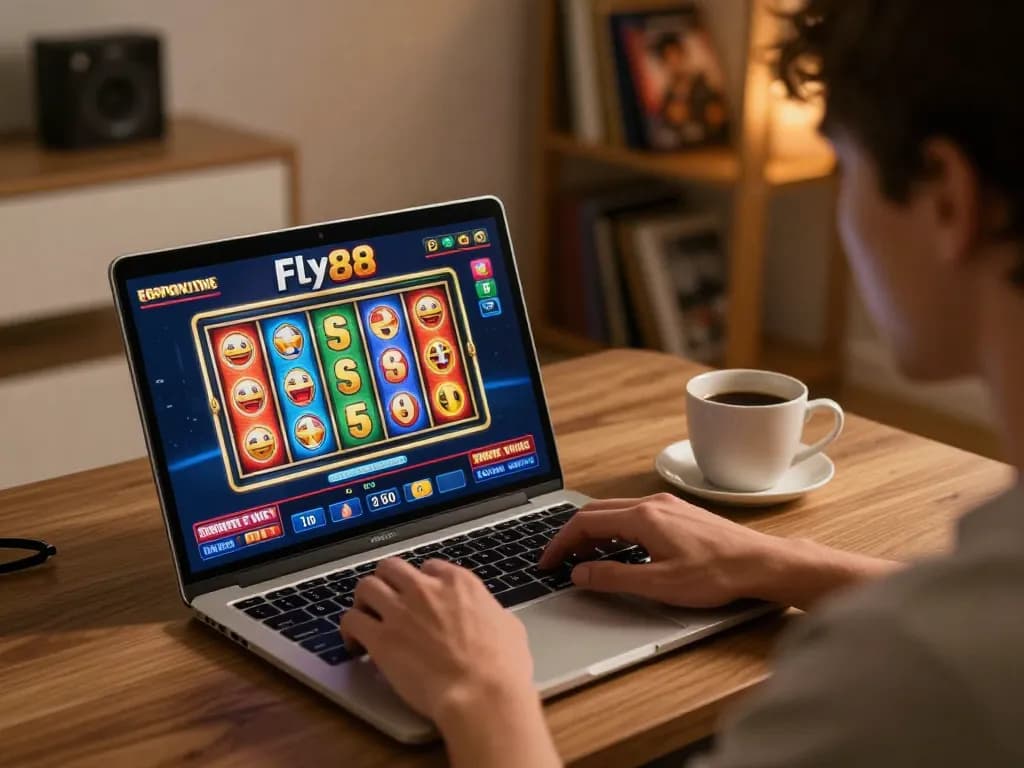 Player engaging in fly88 online casino gaming at home, showcasing responsible gambling atmosphere