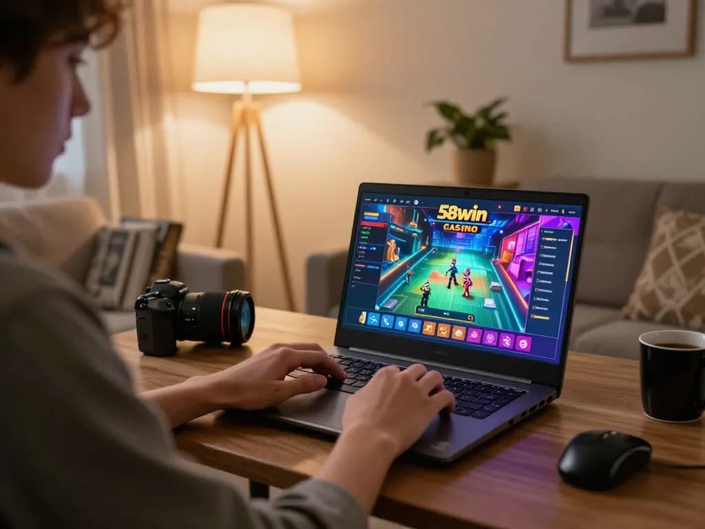 Player engaging with the 58win casino site on a laptop in a stylish living room, showcasing responsible gaming.