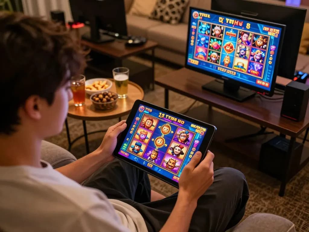 Engaging with TT88 nổ hũ slot game on a tablet in a comfortable setting.