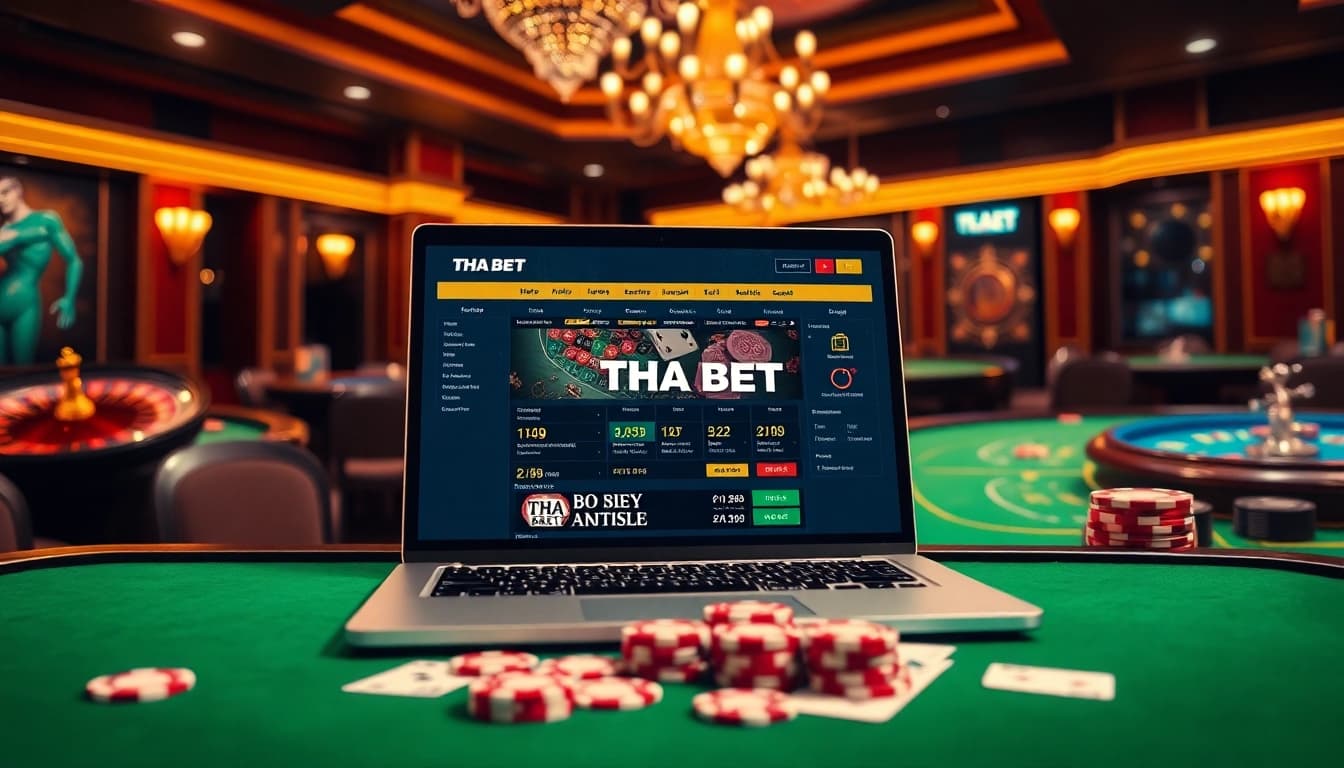 Engaging gambling experience with THA BET online interface in a vibrant casino setting.